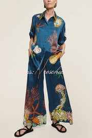 Linen Blend Printed Lapel Short Sleeve Shirt & Wide Leg Pants Set