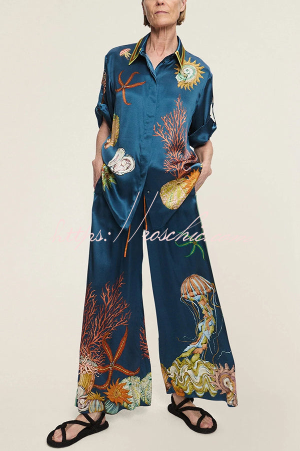 Linen Blend Printed Lapel Short Sleeve Shirt & Wide Leg Pants Set