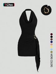 Women's Fashion Solid Color Ruched Halter Fit Dress, Casual Office Wear, Elegant Backless Design, Perfect for Daily Wear, Stylish, Chic and Comfortable Dress