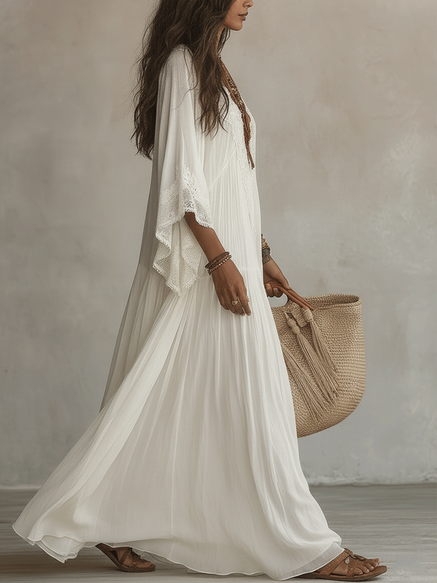 Cream White Boho Maxi Dress | Flowy Tiered Vacation Dress