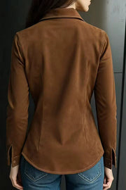 Women's Suede Long Sleeve Button-Down Shirt – Loose Fit