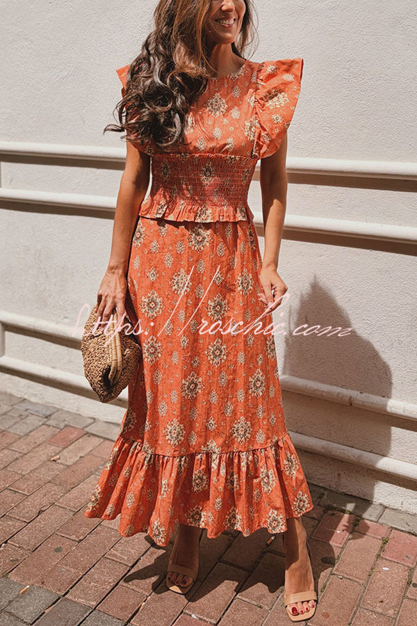 Printed Flutter Sleeve Smocked Top & Maxi Skirt Set