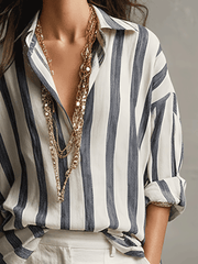 Striped Cotton Linen Long Sleeve Blouse