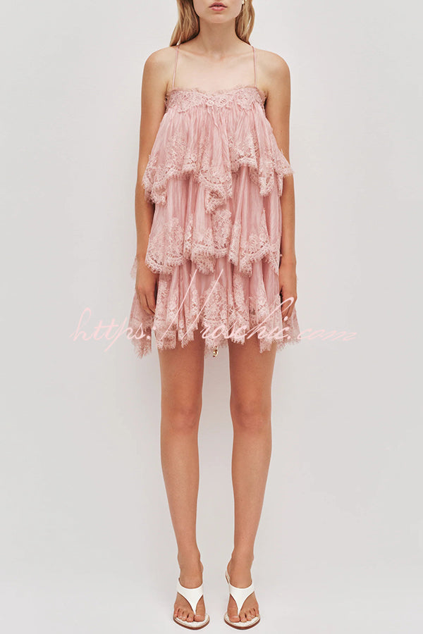 Layered Lace Trim Chiffon Backless Mini Dress with Adjustable Straps