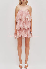 Layered Lace Trim Chiffon Backless Mini Dress with Adjustable Straps
