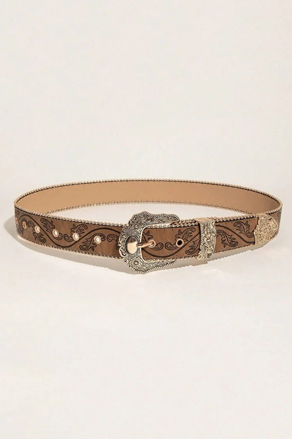 Distressed Western Vintage Denim Belt with Embossed Buckle