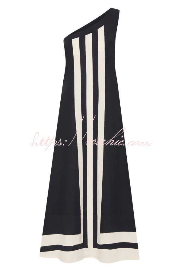 Striped One-Shoulder Midi Dress – Loose Fit Vacation Wear