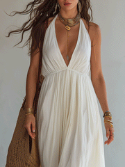 Ivory Pleated Halter Maxi Dress | Bohemian Resort Style