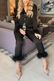 Feather Trim Lapel Two-Piece Pant Suit | Solid Color