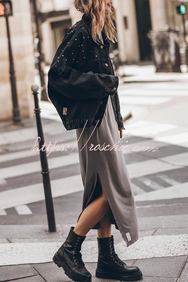 Cotton Blend Long Sleeve Midi Dress – Relaxed Fit