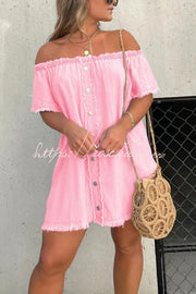 Off-Shoulder Denim Mini Dress – Loose Fit Short Sleeve