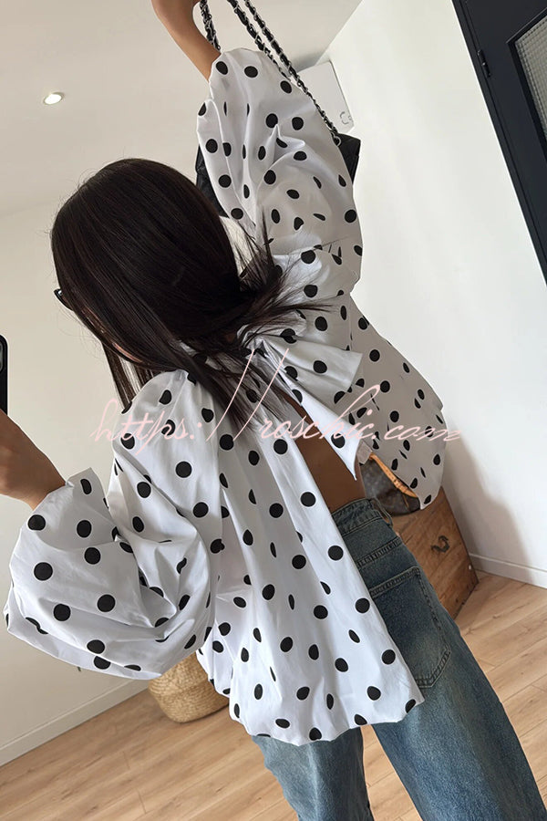 Polka Dot Turtleneck Blouse with Balloon Sleeves & Back Slit