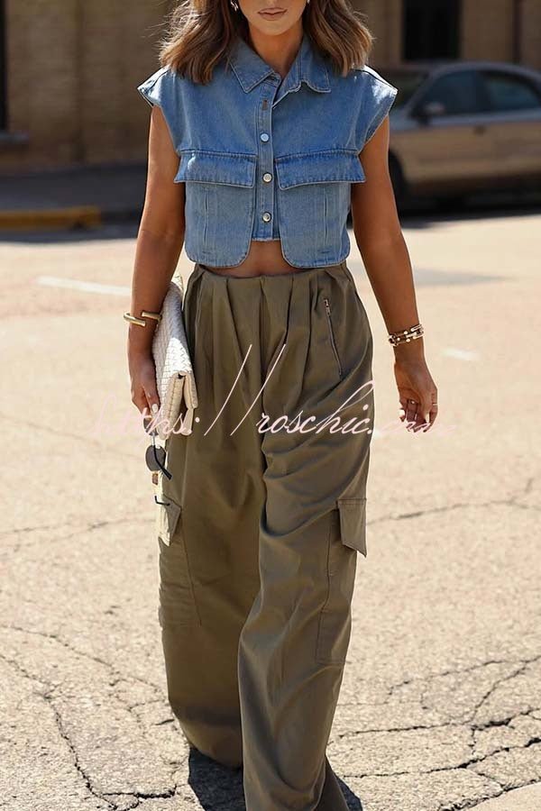 Denim Cape Sleeve Crop Top with Chest Pocket | Loose Fit