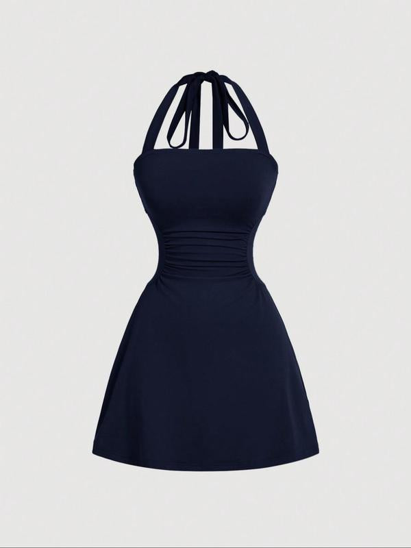 Women's Plain Ruched Tie Back Halter Dress, Casual Chic Sleeveless A Line Short Dress for Summer, Ladies Clothes for Daily Wear