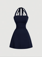 Women's Plain Ruched Tie Back Halter Dress, Casual Chic Sleeveless A Line Short Dress for Summer, Ladies Clothes for Daily Wear