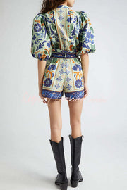 Linen Blend Puff Sleeve Romper with Pockets & Unique Print