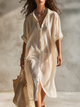 Champagne Button-Down Shirt Midi Dress with Long Sleeves