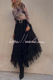 Tiered Tulle Maxi Skirt with Elastic Waist – Loose Fit