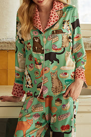 Coffee Cat Print Long Sleeve Two-Piece Lounge Set