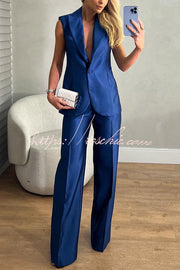 Satin Lapel Blazer Vest and Straight Pants Set