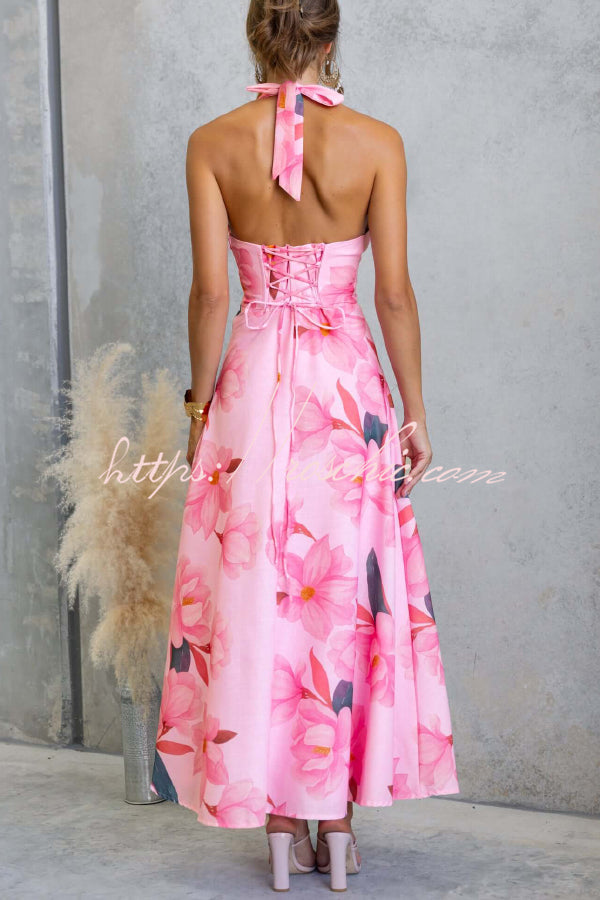 Floral Print Halter Neck Backless Maxi Dress