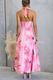 Floral Print Halter Neck Backless Maxi Dress