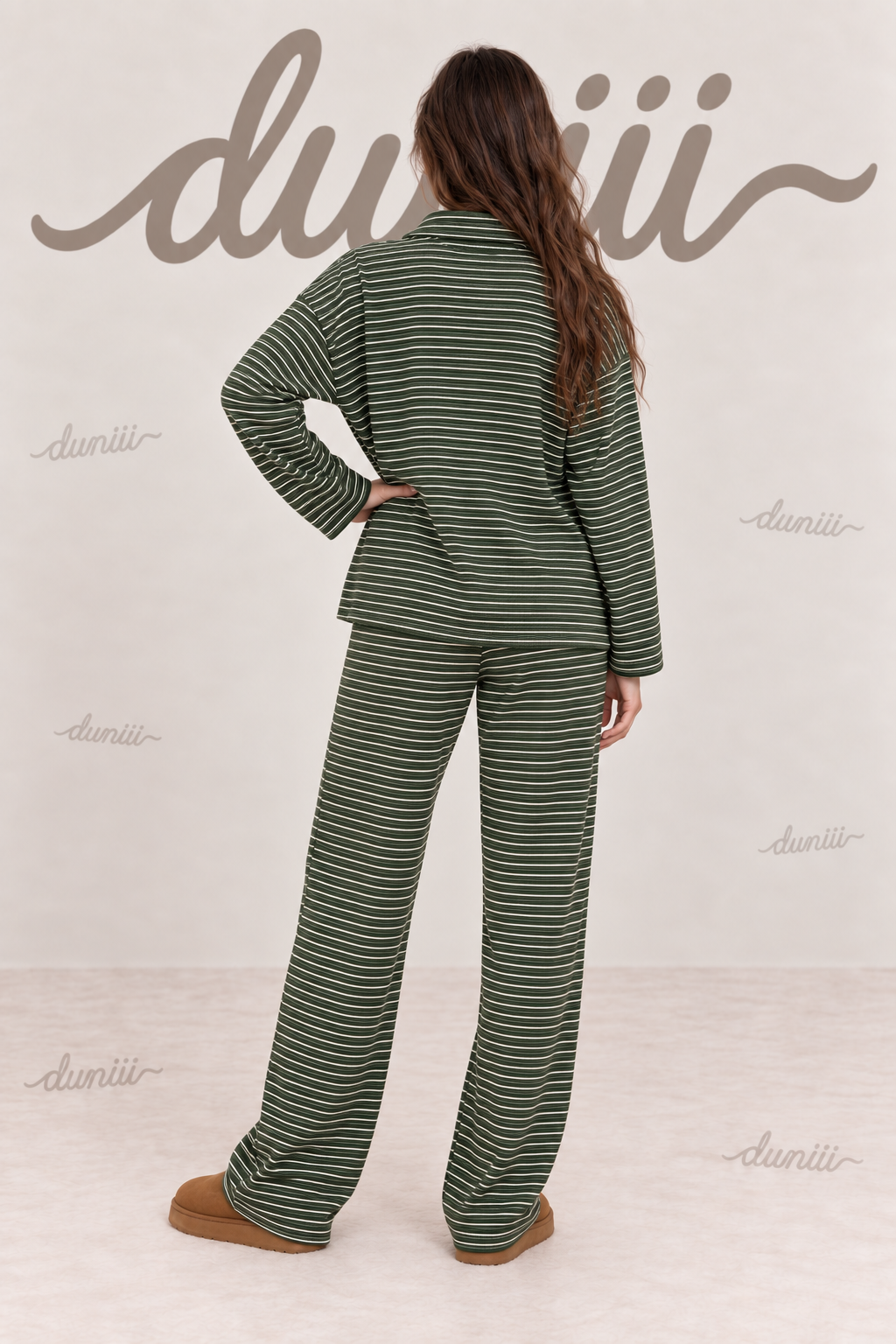 Duniii Striped V-Neck Long Sleeve Lounge Set