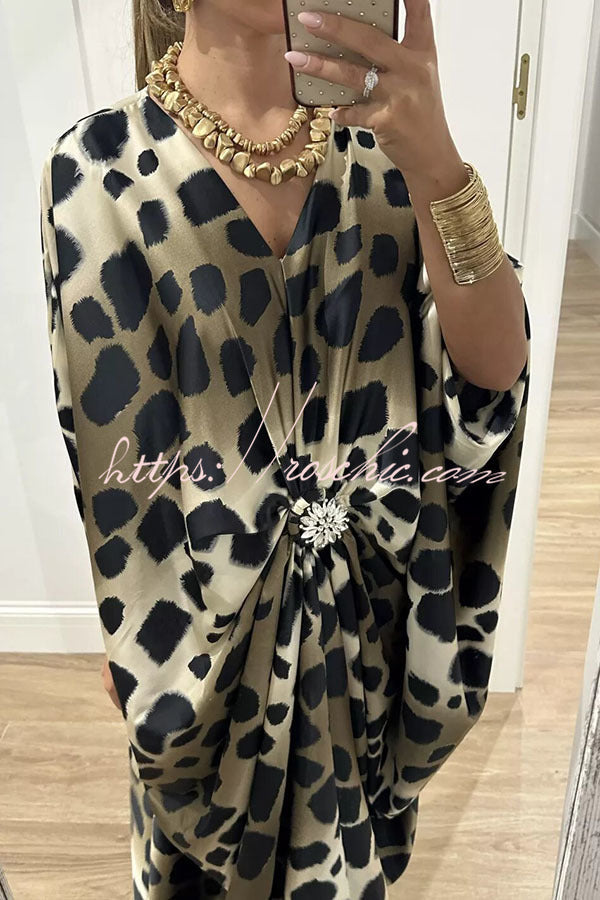 Satin Gemstone Embellished Maxi Dress with V-Neck Print