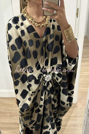 Satin Gemstone Embellished Maxi Dress with V-Neck Print