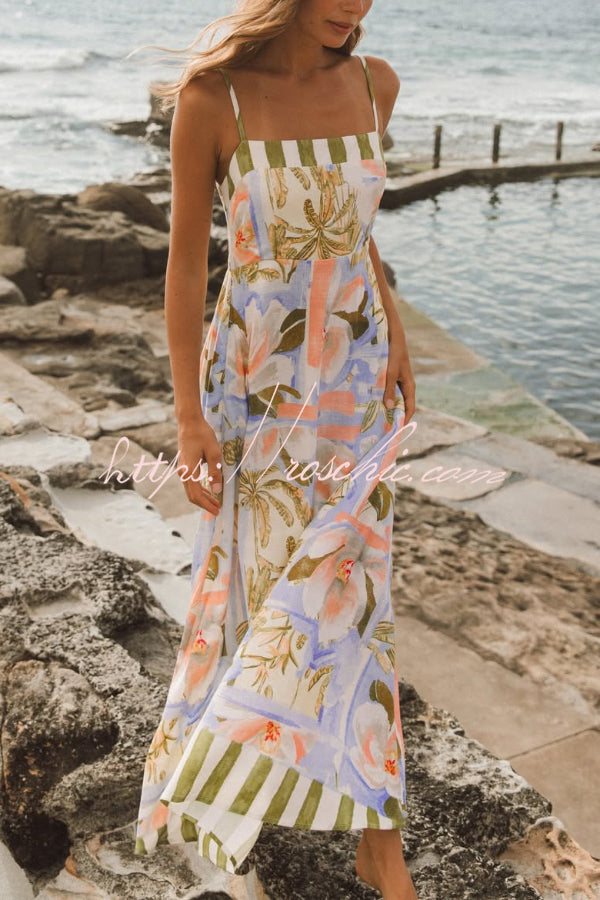 Printed Square Neck Spaghetti Strap Casual Maxi Dress