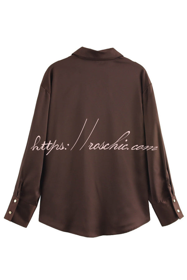 Satin Texture Long Sleeve Loose Shirt | Office Blouse