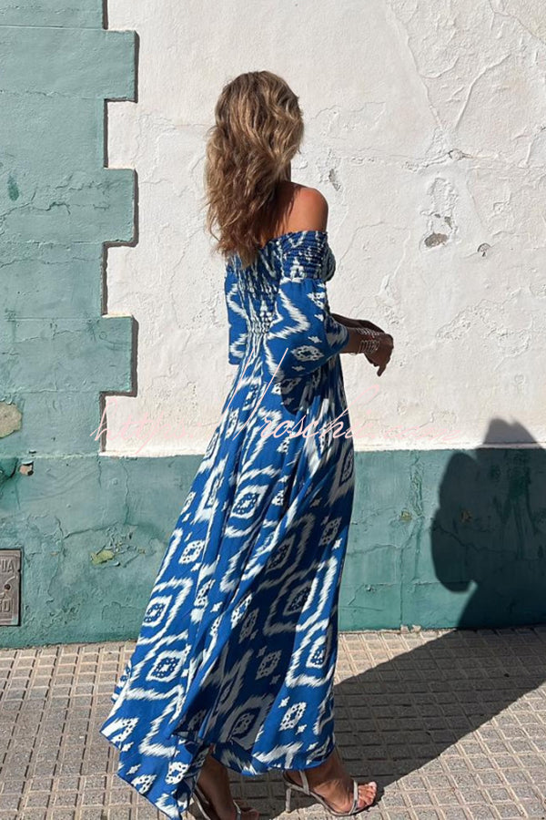 Ethnic Print Smocked Off Shoulder Maxi Dress with Pockets