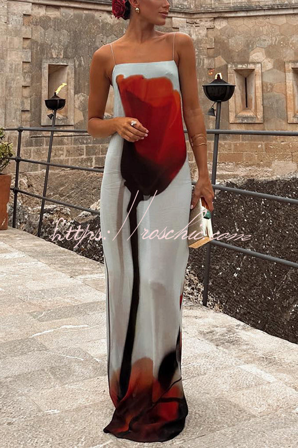 Abstract Tulip Print Maxi Dress – Square Neck Vacation Slip