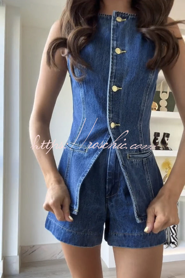 Denim Sleeveless Button-Up Vest Top with Princess Seams