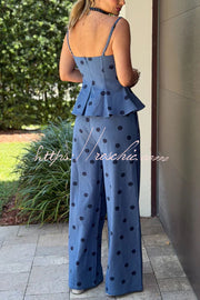 Denim Polka Dot Flare Slip Top & Wide Leg Pants Set
