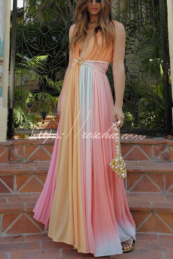 Chiffon Ombré Print Belted Vacation Maxi Dress