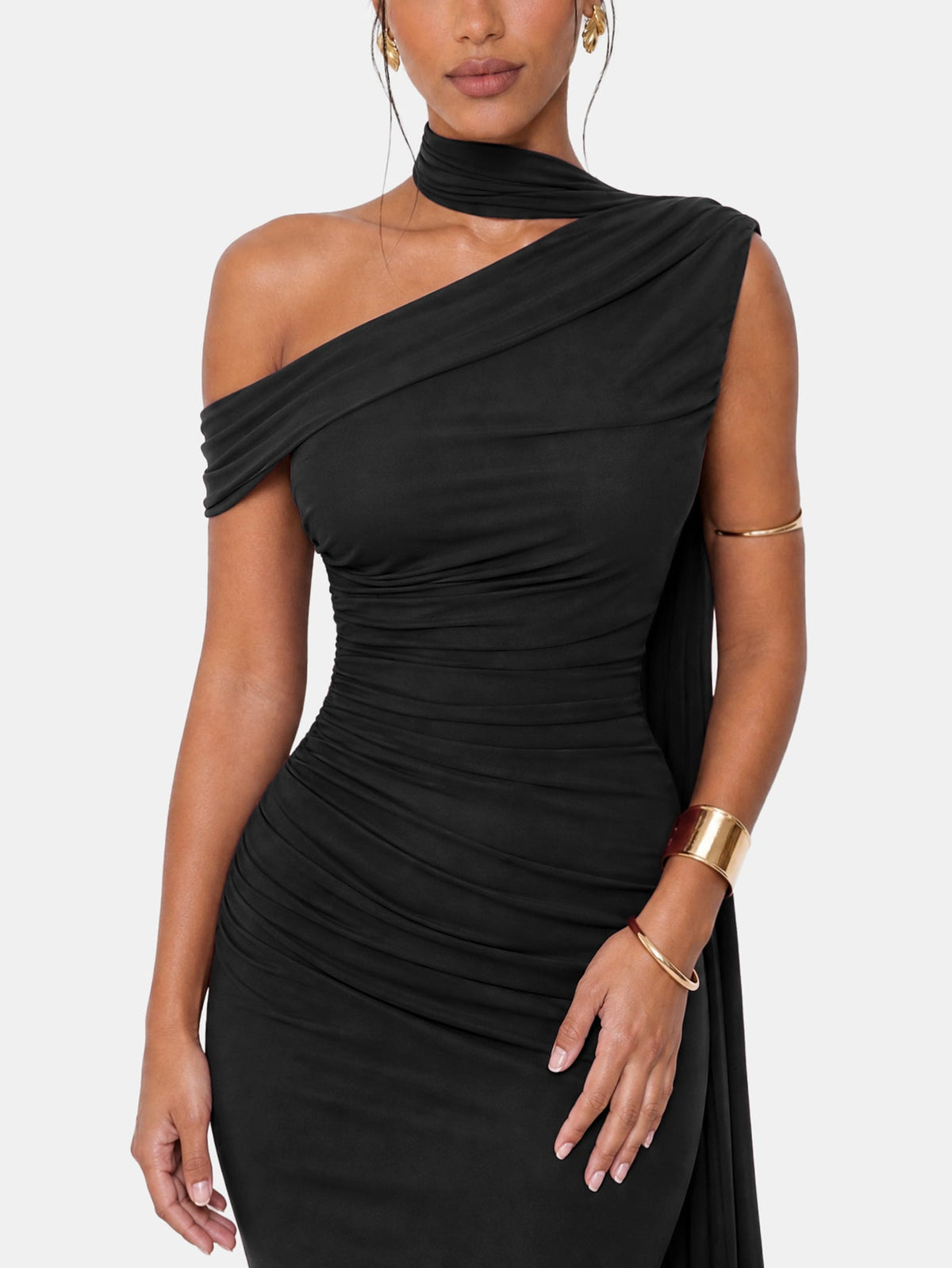 One Shoulder Formal Evening Gown with Built-In Bra, Ruched Mesh