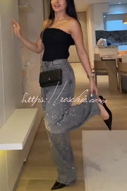 Jean droit ample taille haute en strass avec poches