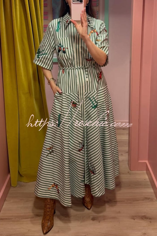 Linen Blend Striped Maxi Dress with Belt & Collar