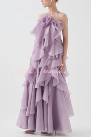 Rose Detail Tiered Ruffle Halter Maxi Dress