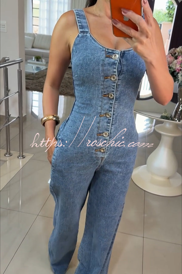 Women's Denim Square Neck Flare Jumpsuit – Smocked Back