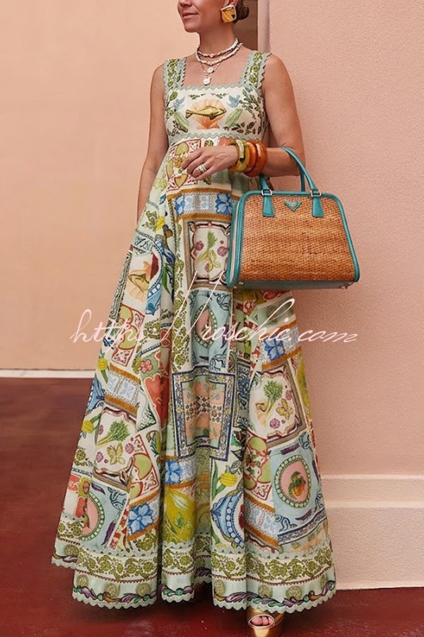 Linen Blend Smocked Maxi Dress with Scalloped Back Detail