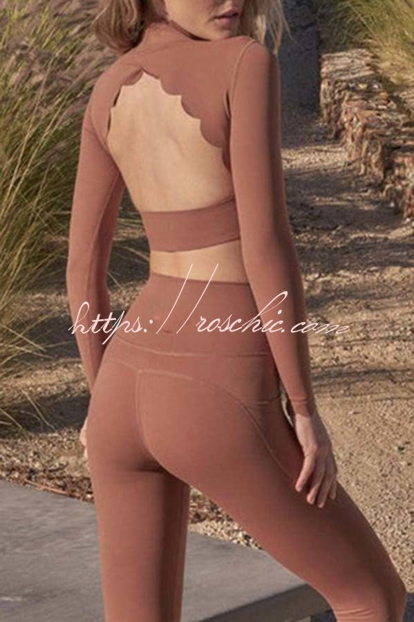 Open Back Long Sleeve Yoga Crop Top with Petal Trim