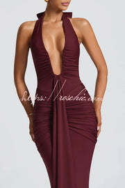 Halter V-Neck Open Back Maxi Dress – Solid Color Slim Fit