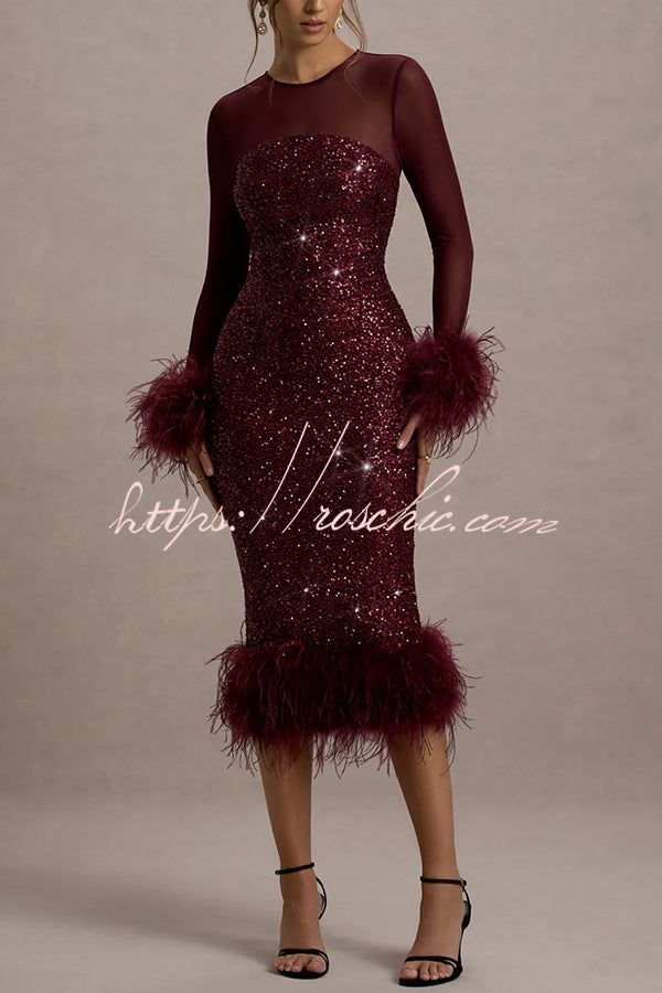 Sequin Feather Trim Midi Dress – Long Sleeve Party Dress