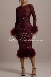 Sequin Feather Trim Midi Dress – Long Sleeve Party Dress