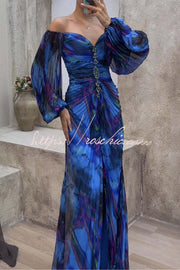 Off Shoulder Printed Pleated Maxi Dress with Diamond Detail