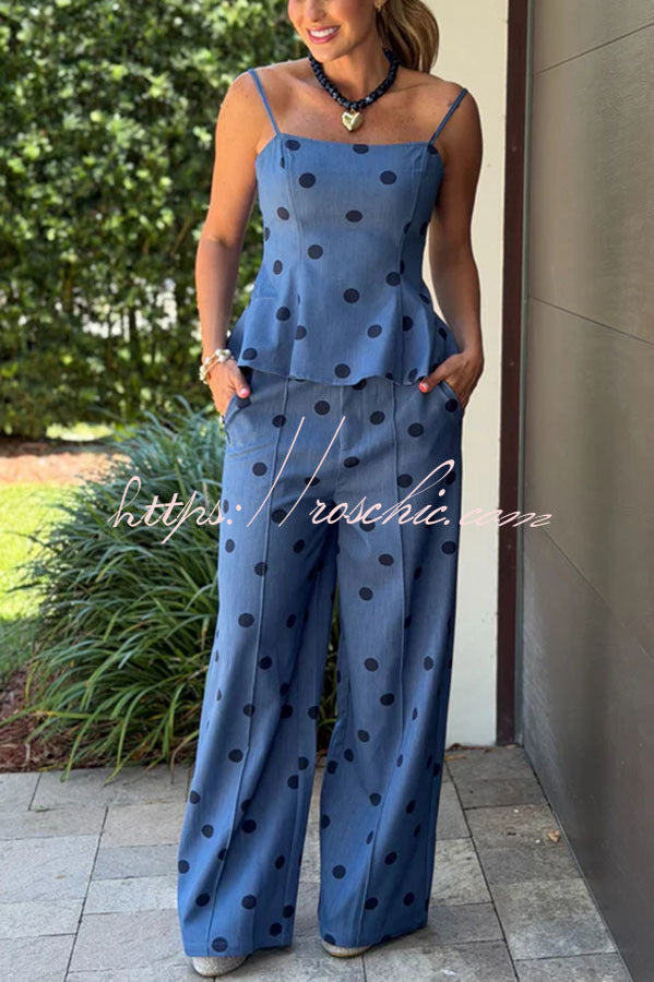 Denim Polka Dot Flare Slip Top & Wide Leg Pants Set