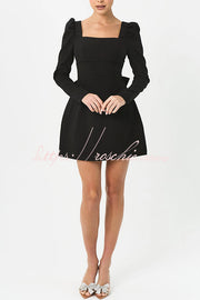 Puff Shoulder Mini Dress with Bow Back & Long Sleeves