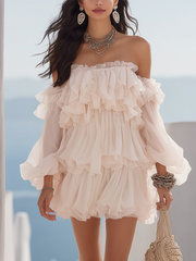 Off-White Chiffon Ruffled Short Dress | Resort Style